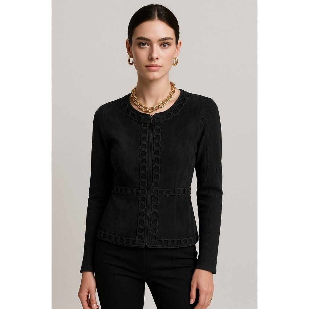 Willi Smith Black Suede Trim Zip Front Knit Jacket Cardigan Women’s Size S